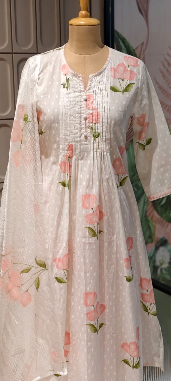 Elegant Floral Blush Pleated Mul Cotton Printed A-Line Full Suit Set With Dupatta- 14673 RB413