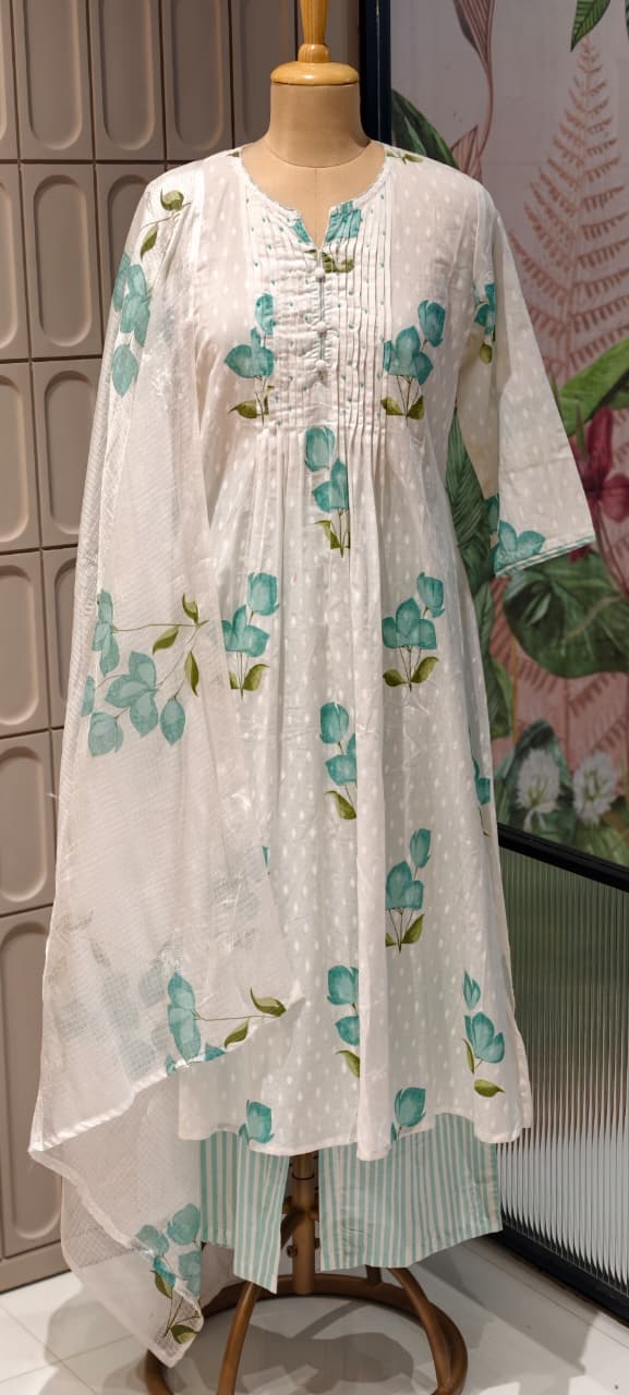 Elegant Floral Blush Pleated Mul Cotton Printed A-Line Full Suit Set With Dupatta- 14673 RB413