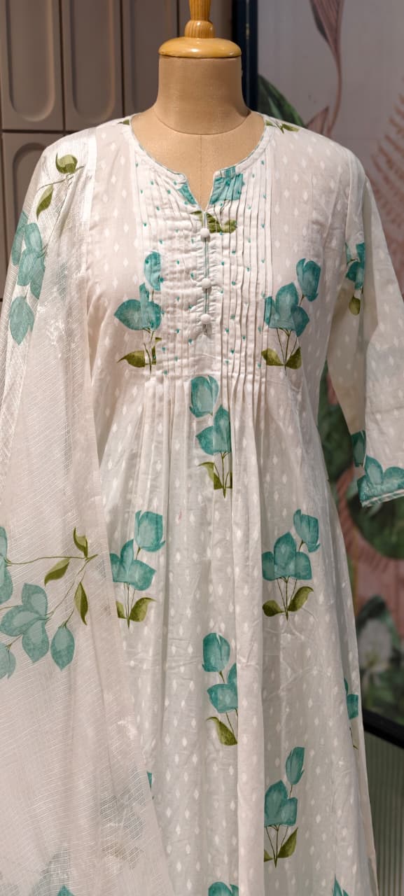 Elegant Floral Blush Pleated Mul Cotton Printed A-Line Full Suit Set With Dupatta- 14673 RB413