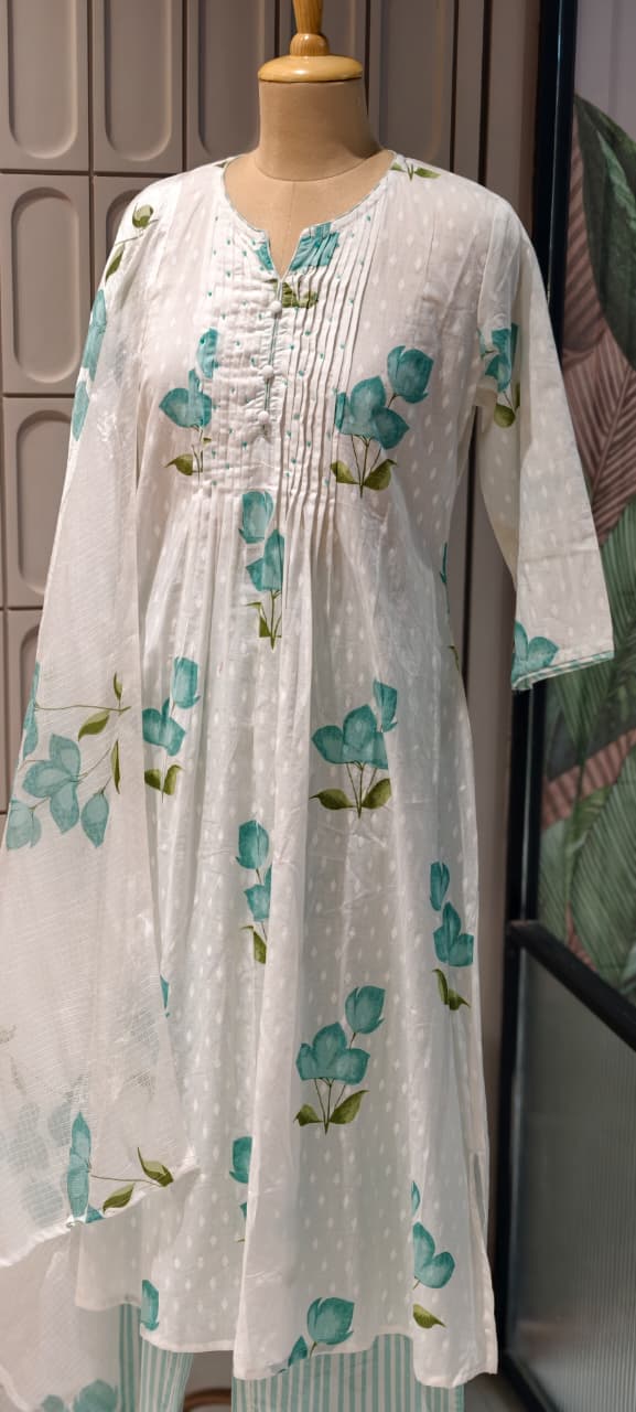 Elegant Floral Blush Pleated Mul Cotton Printed A-Line Full Suit Set With Dupatta- 14673 RB413