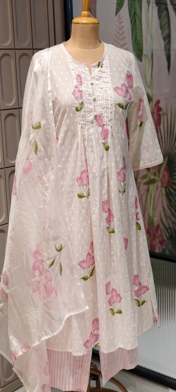 Elegant Floral Blush Pleated Mul Cotton Printed A-Line Full Suit Set With Dupatta- 14673 RB413