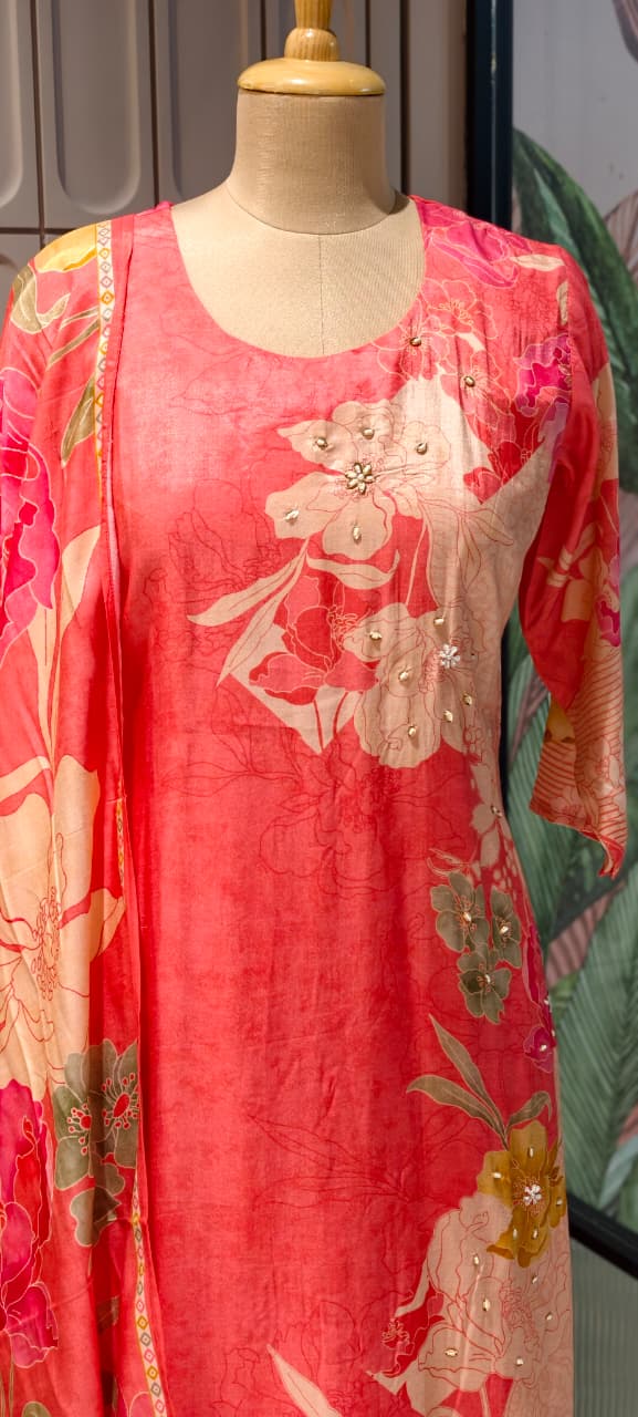 Refreshing Peach Elegance Floral Motifs Full Suit Set With Dupatta- 14726 RB424