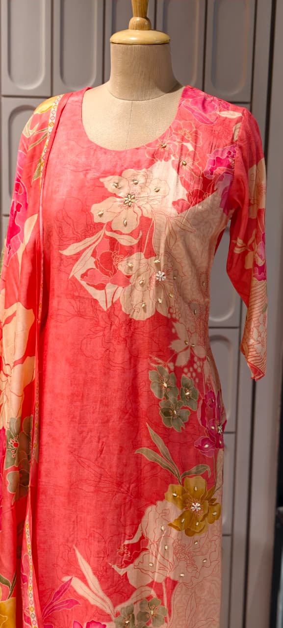 Refreshing Peach Elegance Floral Motifs Full Suit Set With Dupatta- 14726 RB424