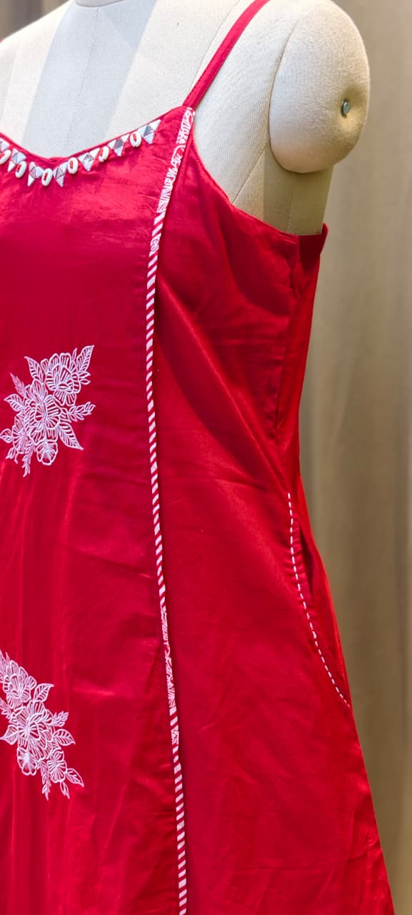Pocket Style Vibrant Red Embroidered Sleeveless Cotton A-Line Full Suit Set With Dupatta RB411