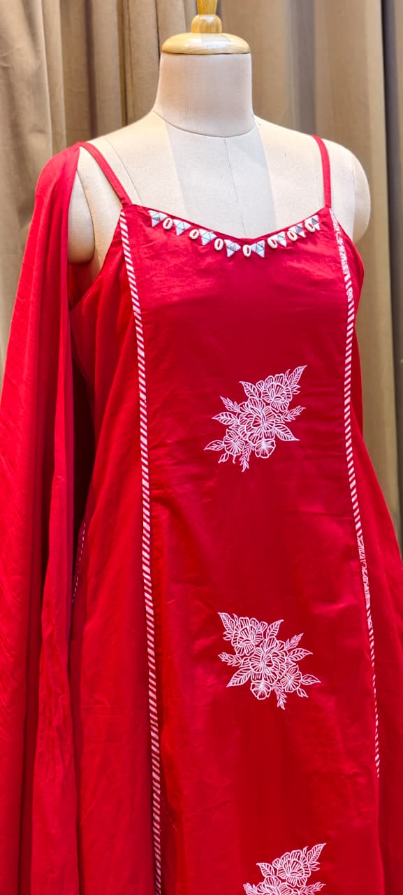 Pocket Style Vibrant Red Embroidered Sleeveless Cotton A-Line Full Suit Set With Dupatta RB411