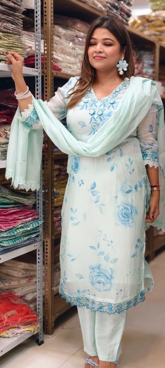 Floral Popped Embroidered Neckline Rosy Petal Printed Full Suit Set WIth Dupatta In HO Silk Fabric- 14791 RB420