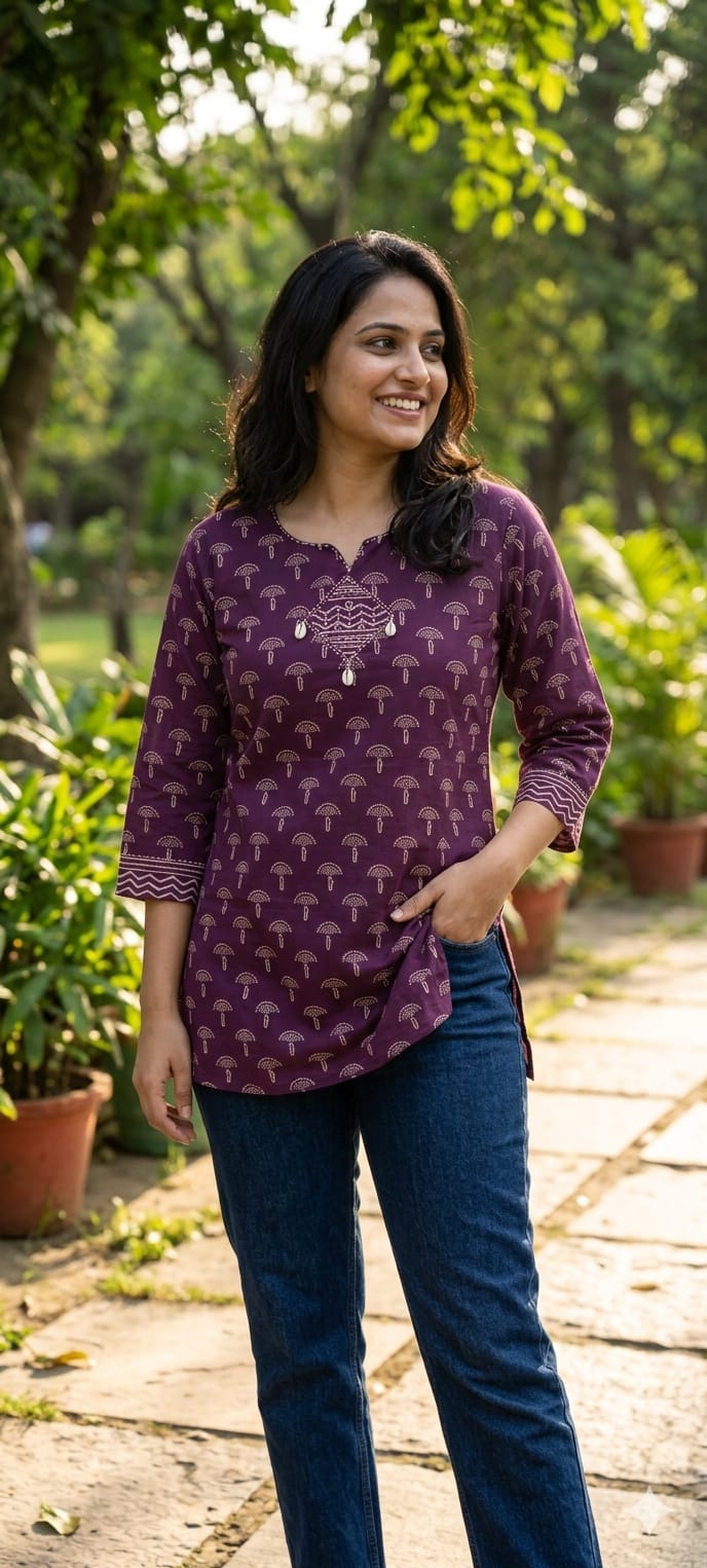 Earthy Hues Block-Printed Everyday Cotton Short Kurtis Only- 14806 (RB468) Lean Fit