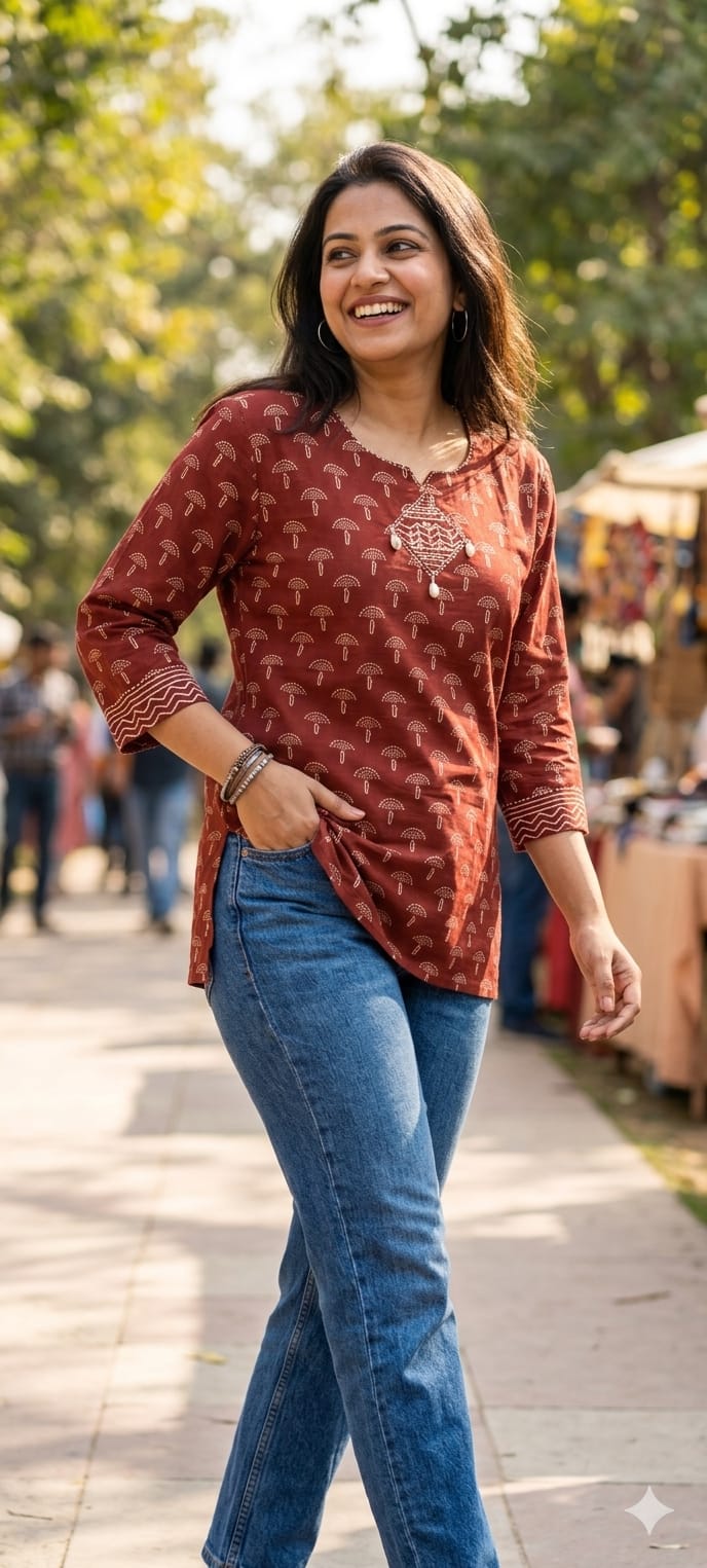Earthy Hues Block-Printed Everyday Cotton Short Kurtis Only- 14806 (RB468) Lean Fit