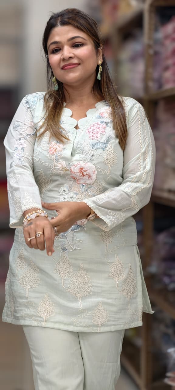 Sea Green Embroidered 3D Embossed Floral Premium Cotton Co-ord Set- 14832 RB463