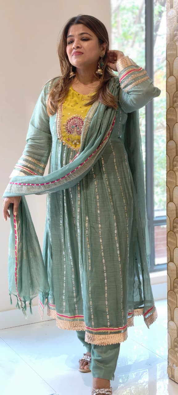 Dual Green Golden Gotta Highlights Banarasi Mul Chanderi A-Line Full Suit Set With Dupatta- 13723 RB458