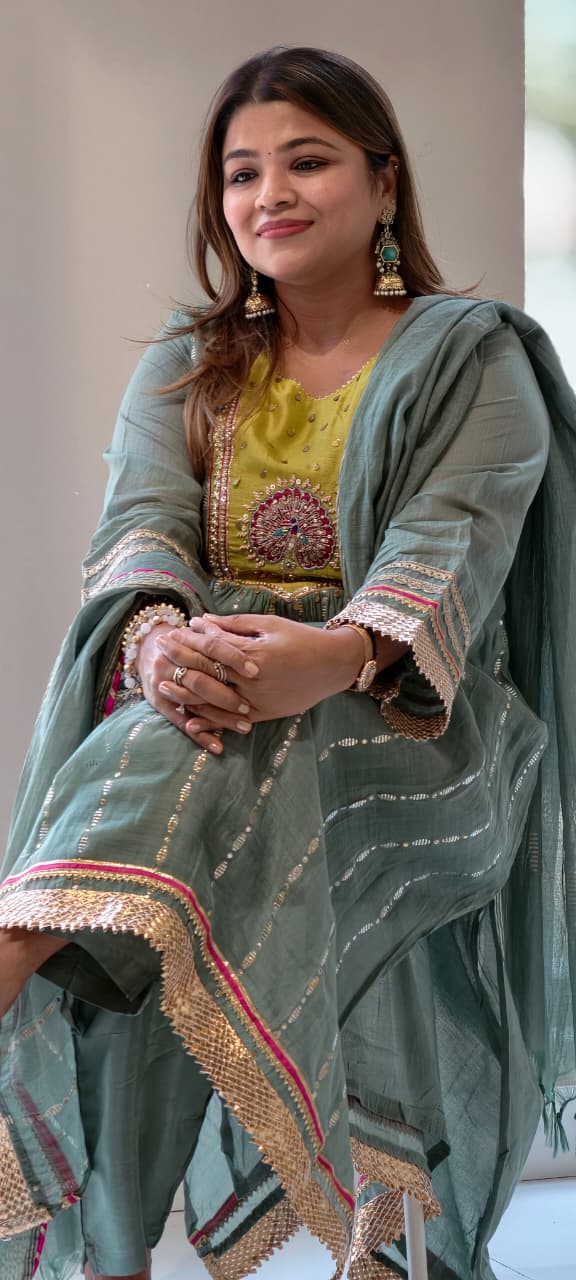 Dual Green Golden Gotta Highlights Banarasi Mul Chanderi A-Line Full Suit Set With Dupatta- 13723 RB458