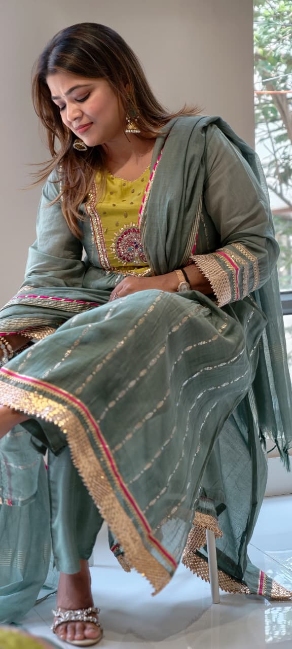 Dual Green Golden Gotta Highlights Banarasi Mul Chanderi A-Line Full Suit Set With Dupatta- 13723 RB458