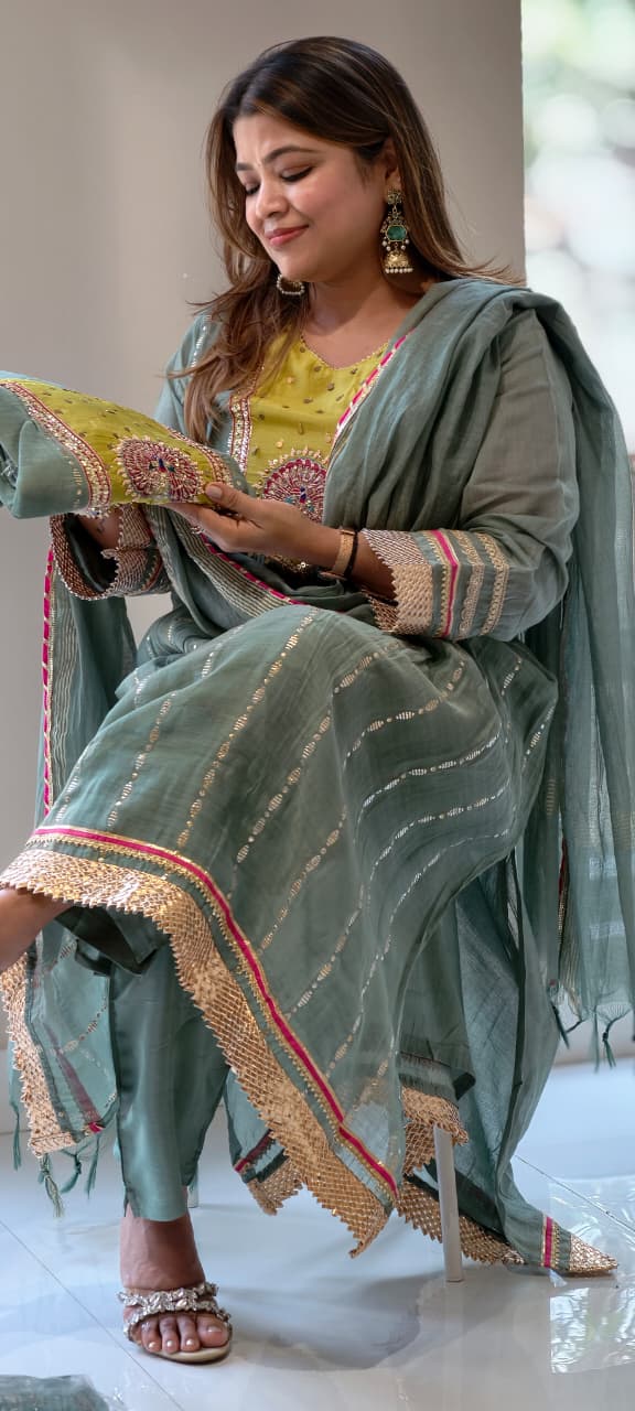 Dual Green Golden Gotta Highlights Banarasi Mul Chanderi A-Line Full Suit Set With Dupatta- 13723 RB458
