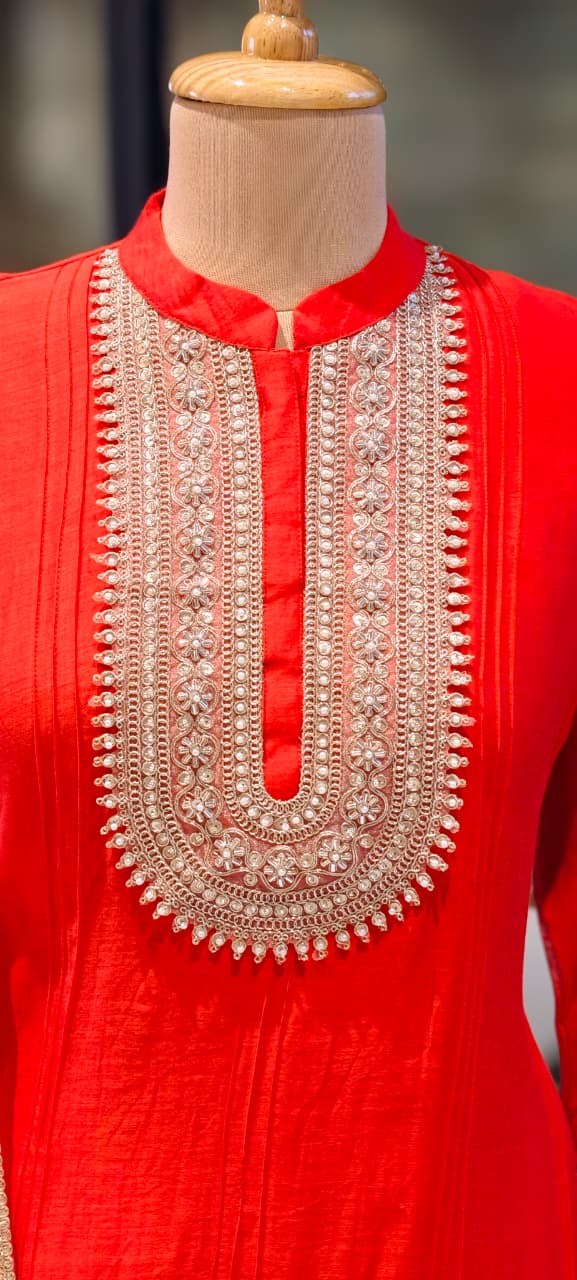 Premium Zardosi Yoke Pure Banarasi Mul Chanderi Panel Tassel Accent Full Suit Set With Dupatta- 13309 RB456