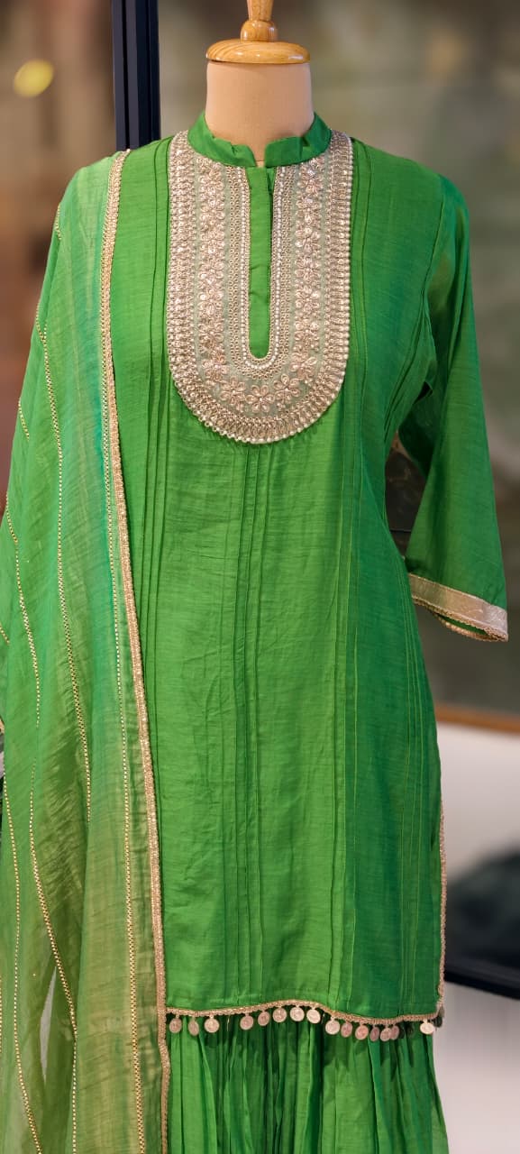 Premium Zardosi Yoke Pure Banarasi Mul Chanderi Panel Tassel Accent Full Suit Set With Dupatta- 13309 RB456