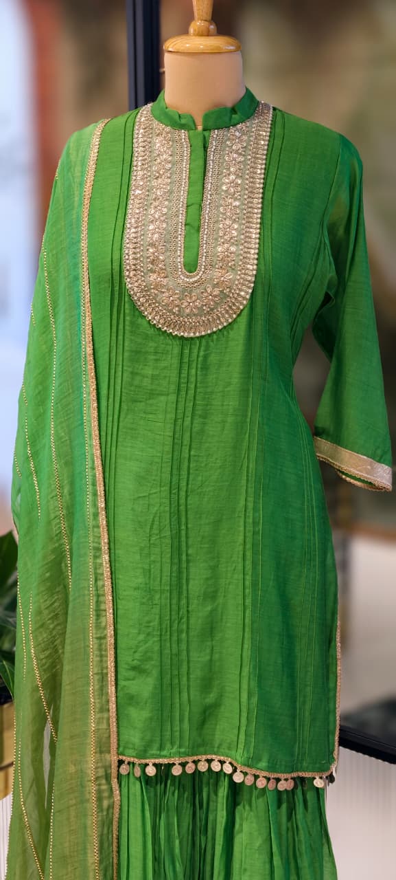 Premium Zardosi Yoke Pure Banarasi Mul Chanderi Panel Tassel Accent Full Suit Set With Dupatta- 13309 RB456