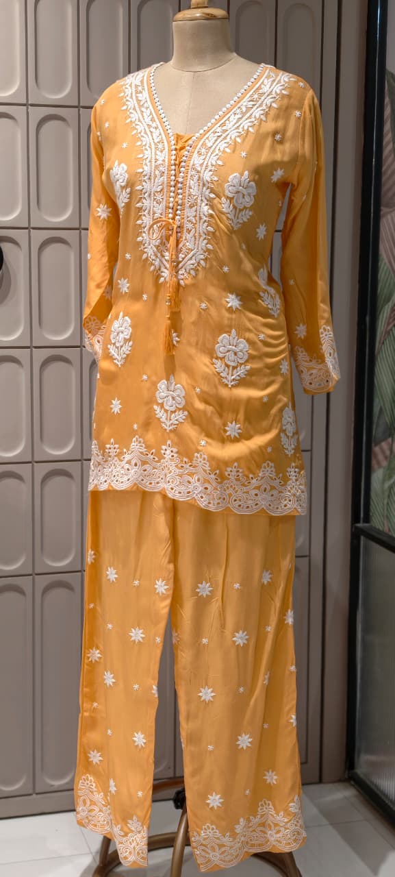 Mango Inspired Color Chikankari Embroidered Soft Muslin Co-Ord Set- 14344 RB464