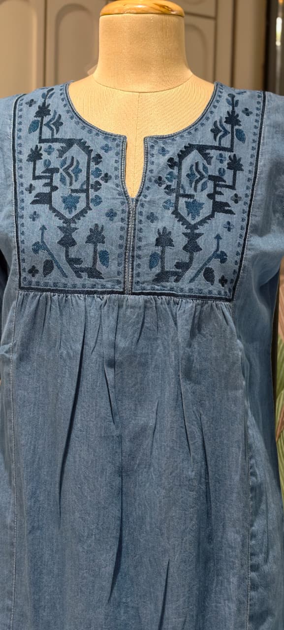 Abstract Thread Embroidery Slight Flared Cottom Denim Co-Ord Set- 14670 RB466