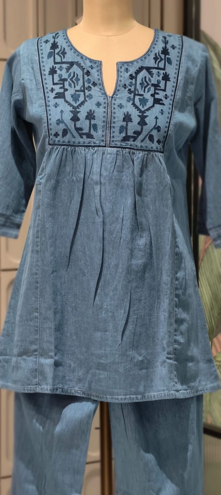Abstract Thread Embroidery Slight Flared Cottom Denim Co-Ord Set- 14670 RB466