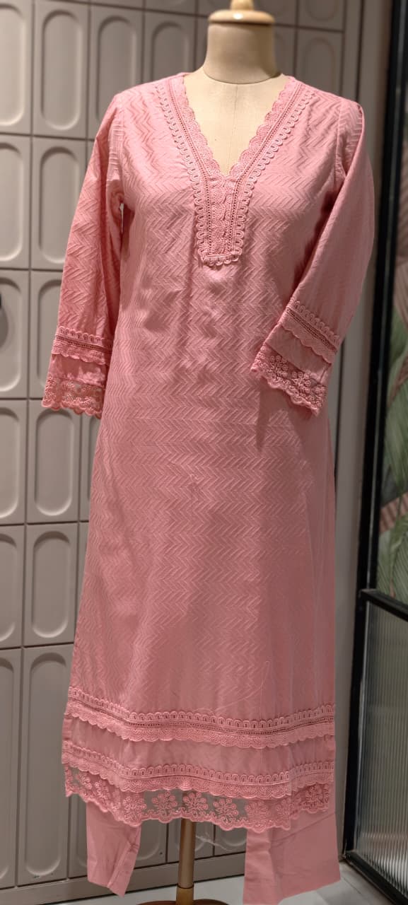 Elegant Straight Graceful Cotton Full Suit Set with Printed Dupatta & Lace Detailing- 14833 RB490