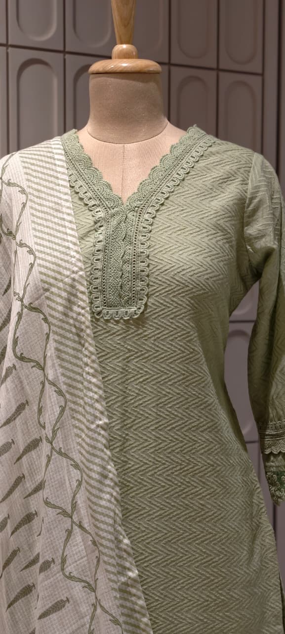 Elegant Straight Graceful Cotton Full Suit Set with Printed Dupatta & Lace Detailing- 14833 RB490
