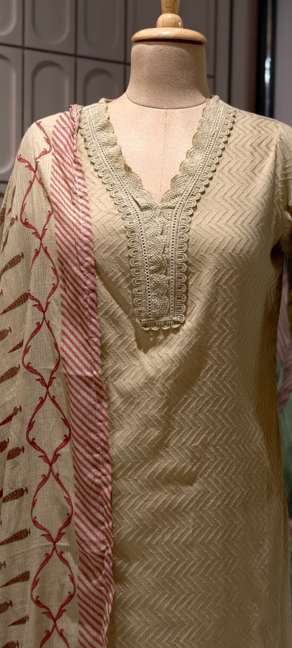 Elegant Straight Graceful Cotton Full Suit Set with Printed Dupatta & Lace Detailing- 14833 RB490