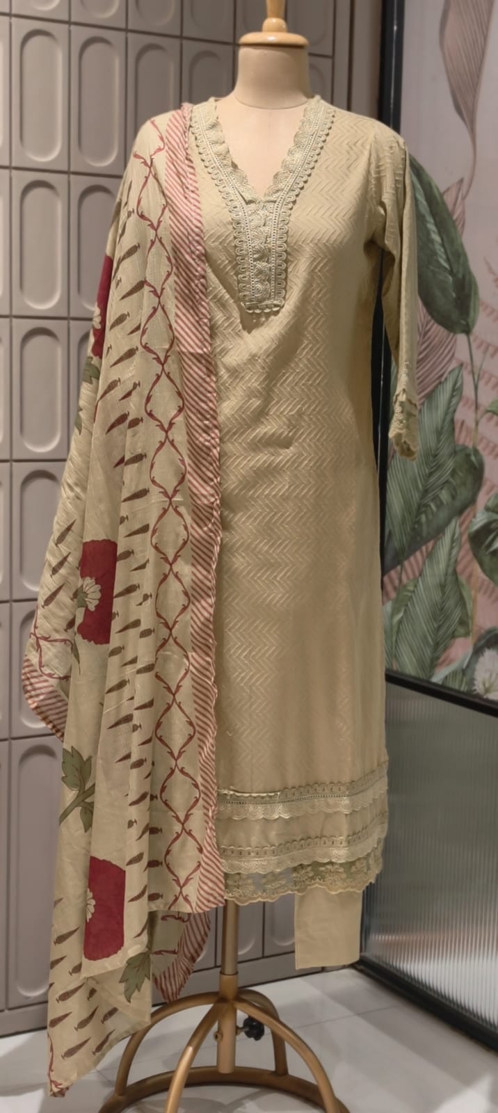 Elegant Straight Graceful Cotton Full Suit Set with Printed Dupatta & Lace Detailing- 14833 RB490