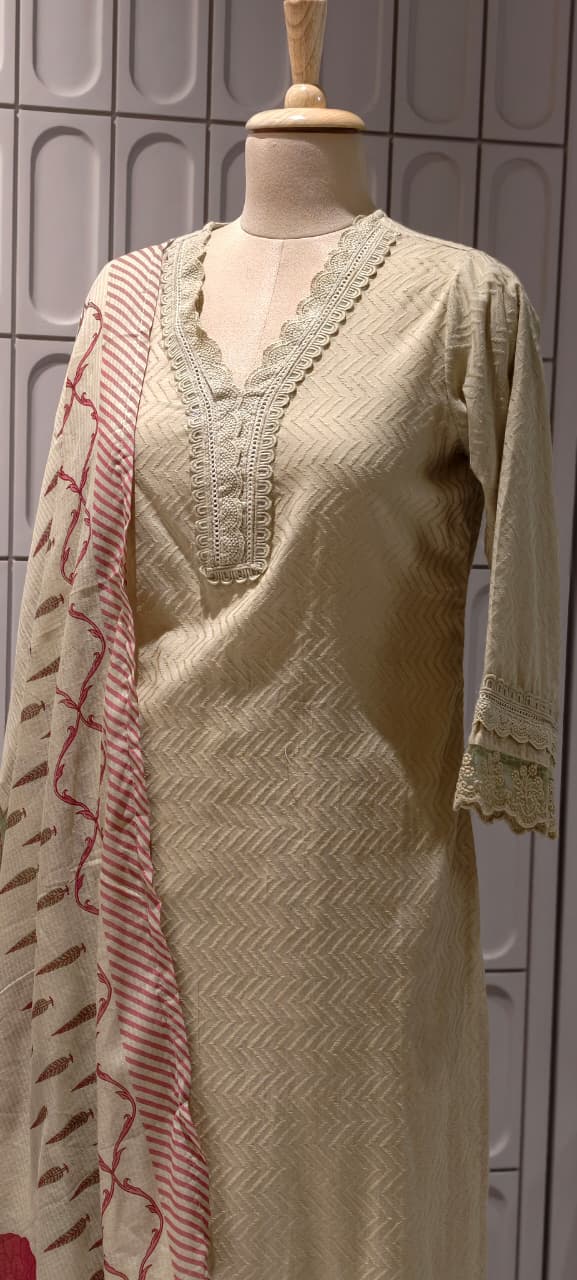 Elegant Straight Graceful Cotton Full Suit Set with Printed Dupatta & Lace Detailing- 14833 RB490