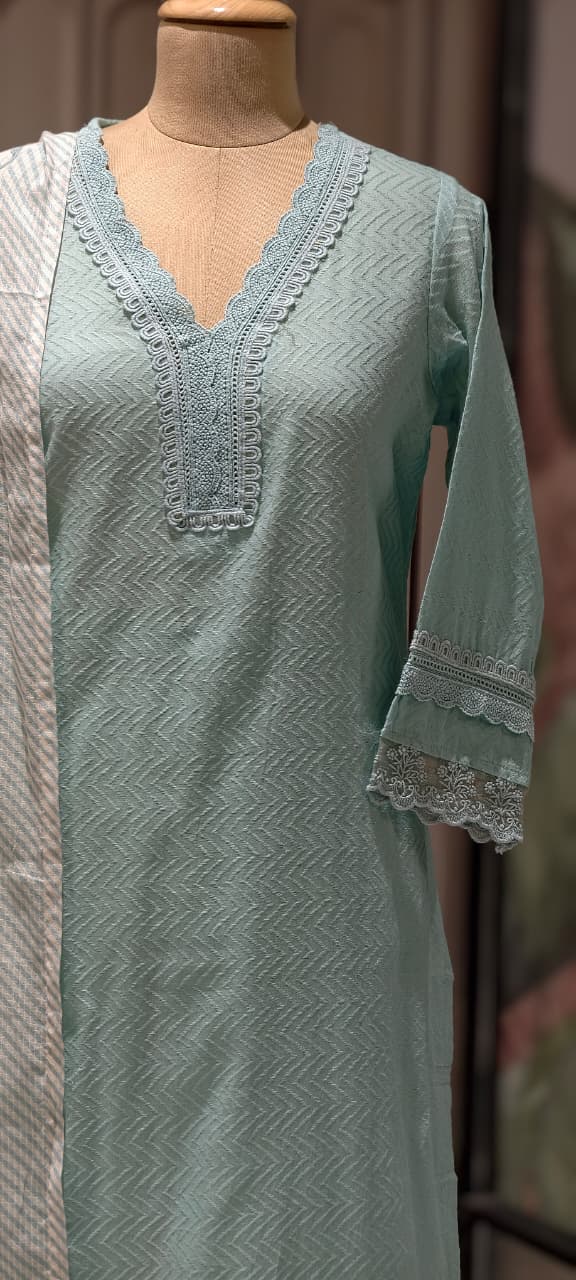 Elegant Straight Graceful Cotton Full Suit Set with Printed Dupatta & Lace Detailing- 14833 RB490