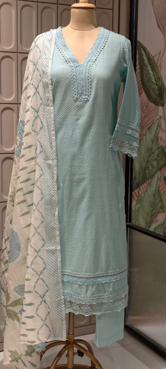 Elegant Straight Graceful Cotton Full Suit Set with Printed Dupatta & Lace Detailing- 14833 RB490