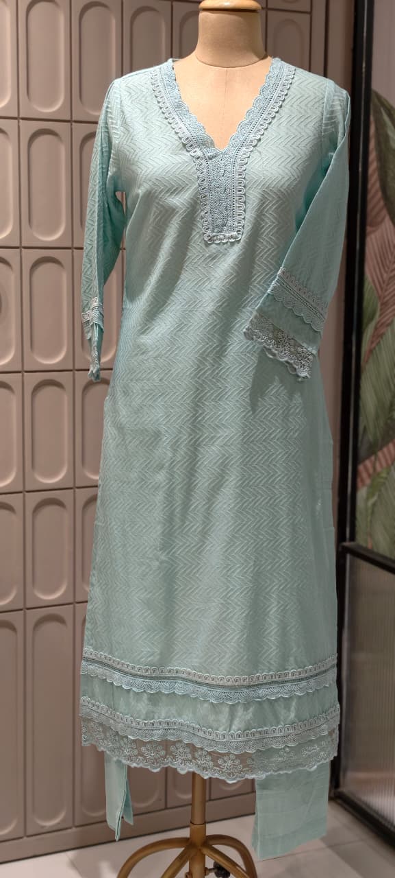 Elegant Straight Graceful Cotton Full Suit Set with Printed Dupatta & Lace Detailing- 14833 RB490