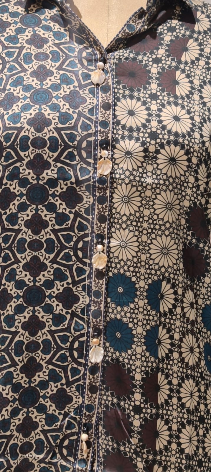 Abstract Gajji Silk-Blend Kaleidoscope Print Button-Down Shirt-14837 RB475