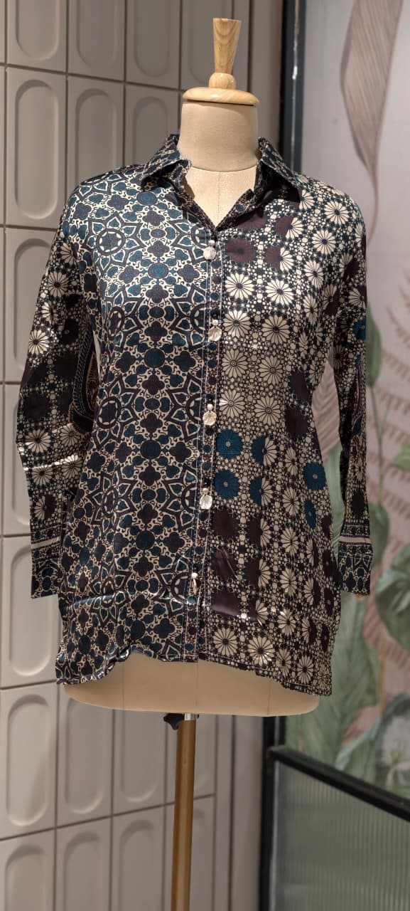 Abstract Gajji Silk-Blend Kaleidoscope Print Button-Down Shirt-14837 RB475