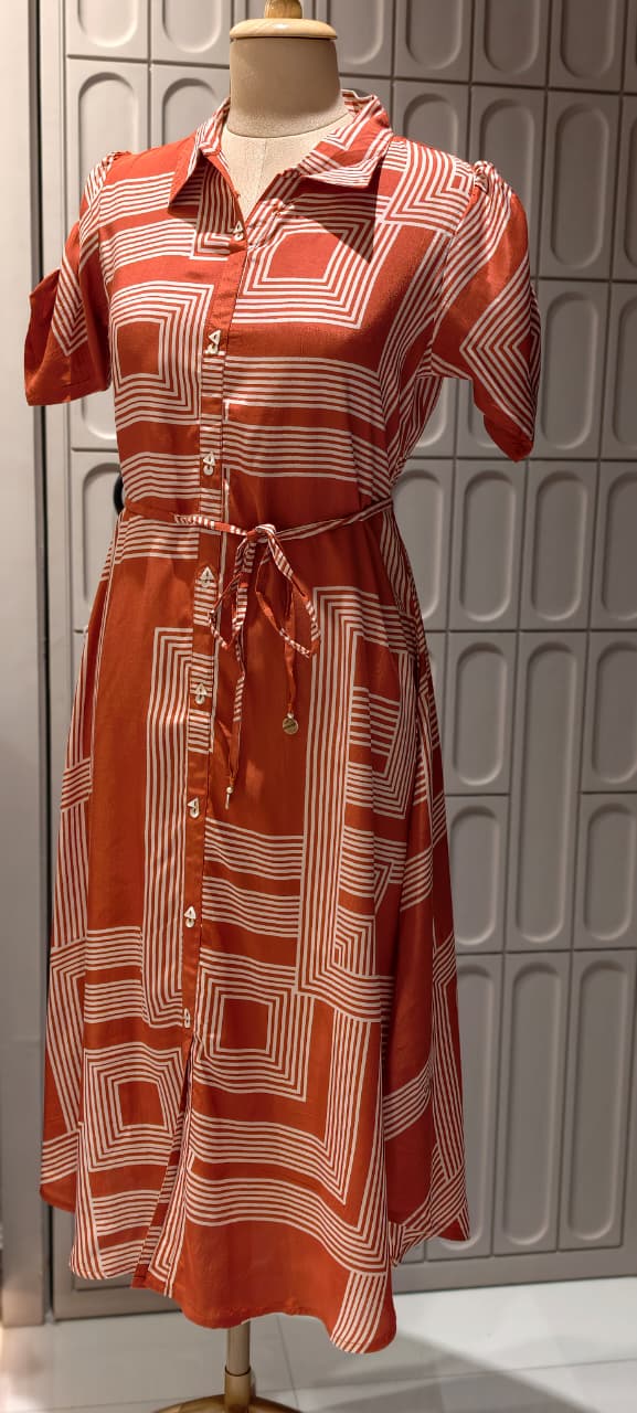 Terracotta Rust and White Geometric Line Print Muslin Midi Dress with Waist Tie- 14686 RB486