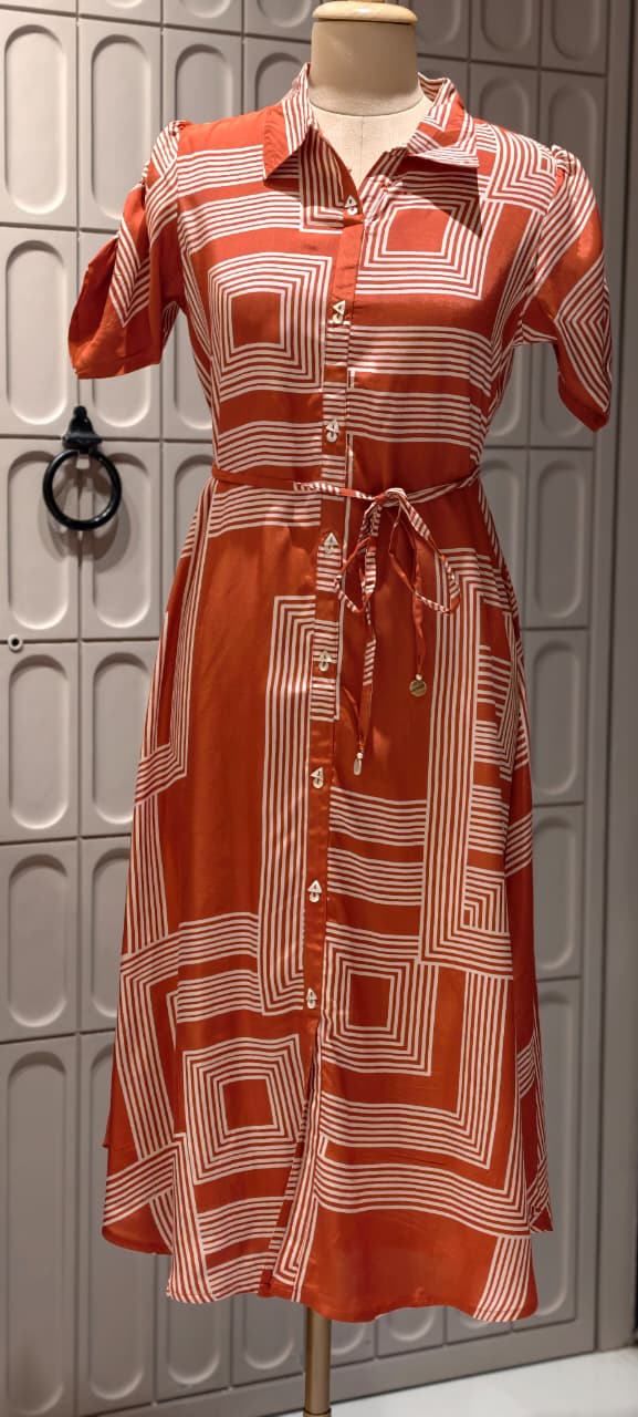 Terracotta Rust and White Geometric Line Print Muslin Midi Dress with Waist Tie- 14686 RB486