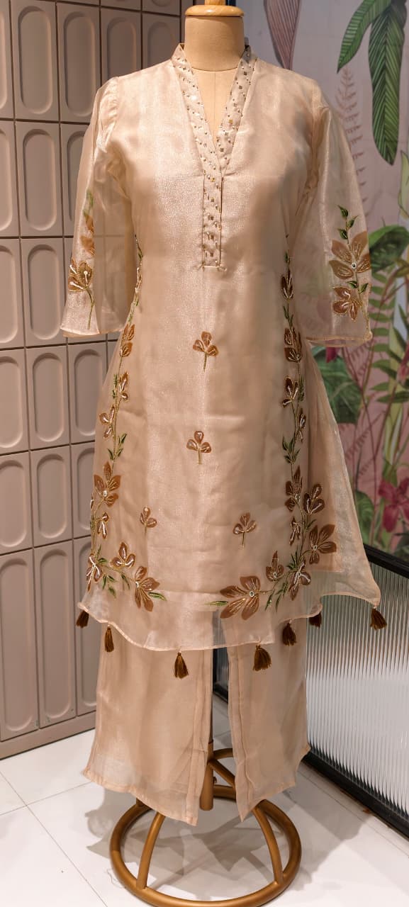 Elegant Ivory Tissue Kurta with & Loose Bottom In Floral Appliqué Patchwork & Beadwork- 14843 RB485