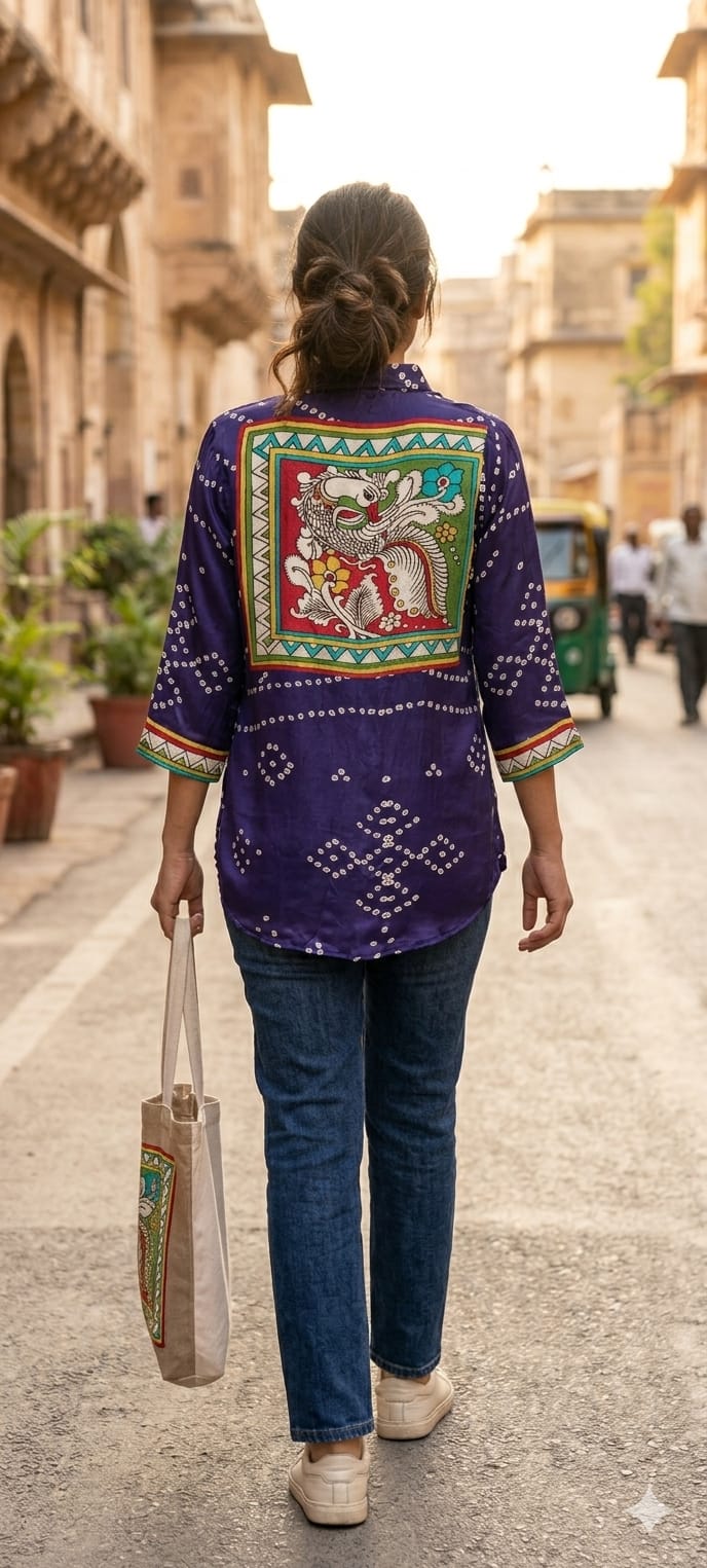 Classic Bandhani Dot Grid with Pichwai Cow & Mayurakshi Crepe Shirt- 14858 RB492