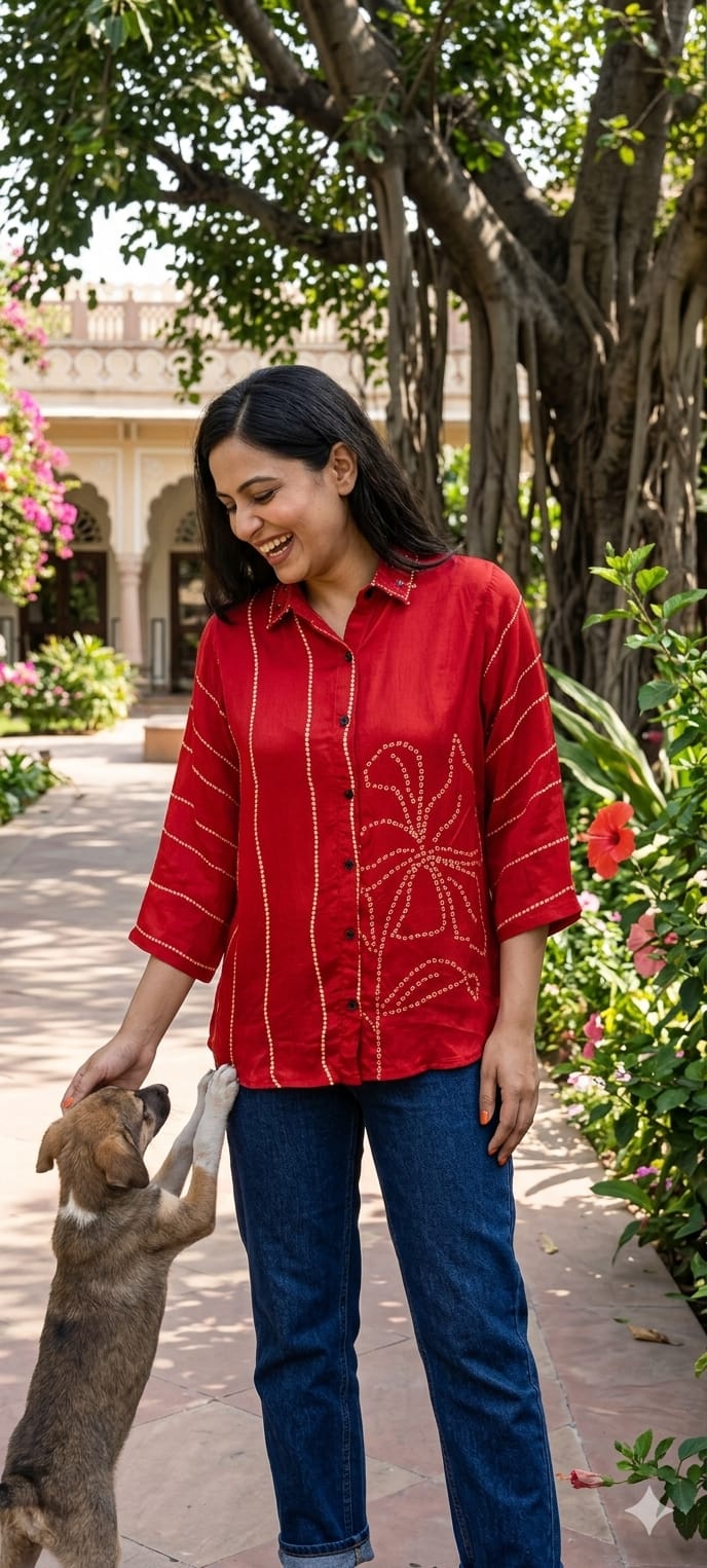 Classic Bandhani Dot Grid with Pichwai Cow & Mayurakshi Crepe Shirt- 14858 RB492