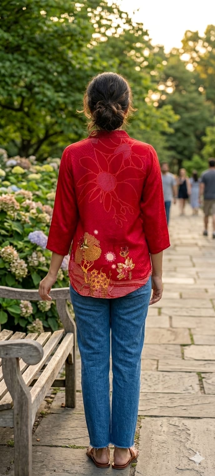 Fine Line-Art Floral Front with Pichwai-Style Backside Tree Print Crepe Shirt- 14858 RB493