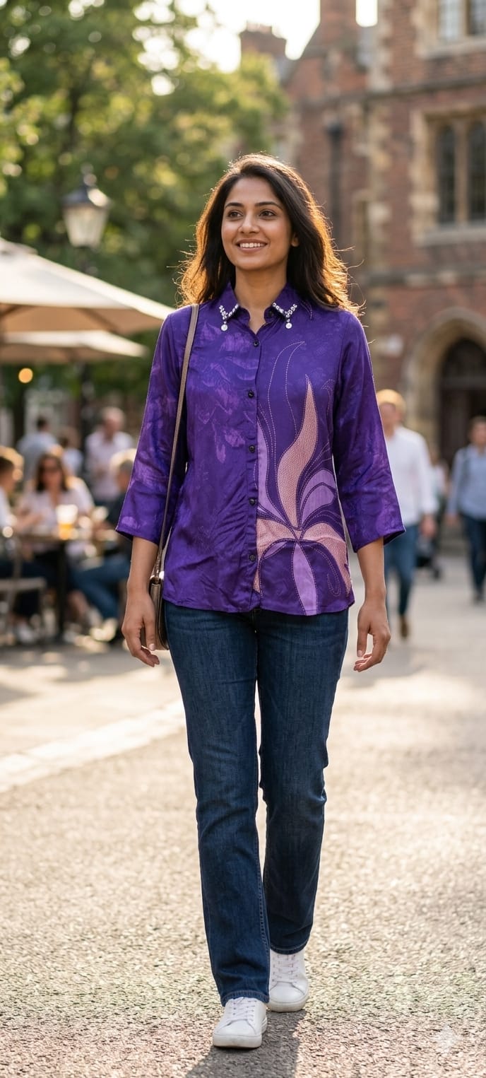 Fine Line-Art Floral Front with Pichwai-Style Backside Tree Print Crepe Shirt- 14858 RB493
