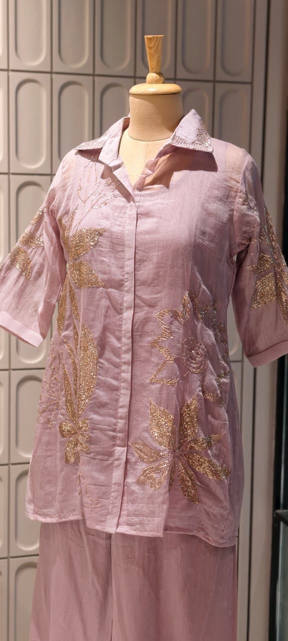 Silver Sequin Embellishment Banarasi Mul Chanderi Ivory Co-Ord Set- 14857 RB496