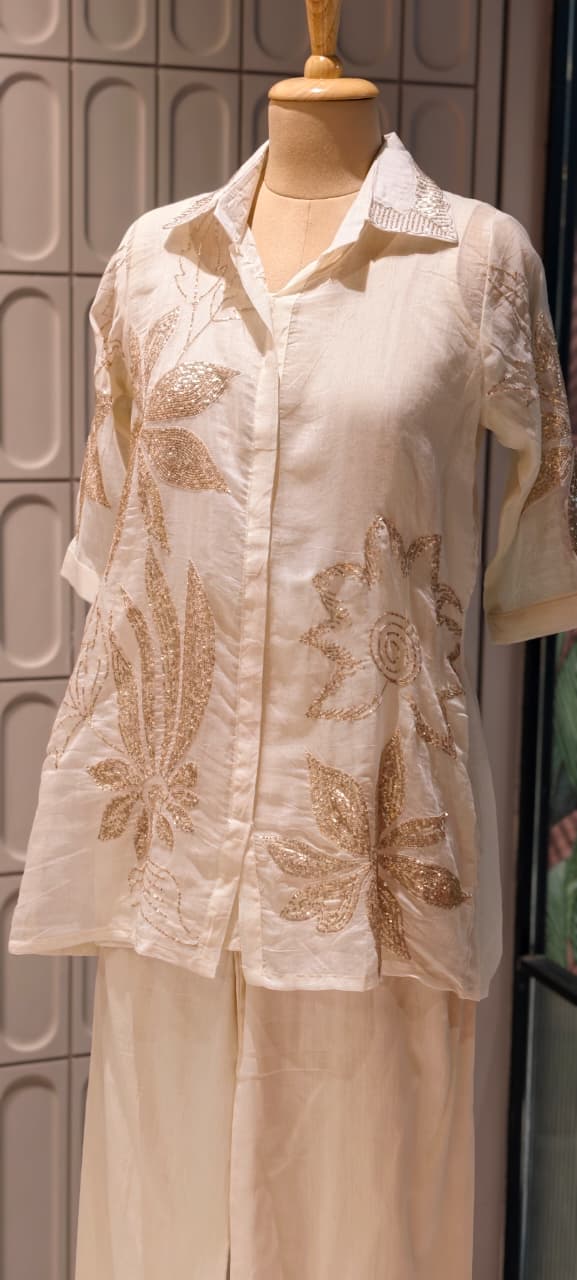 Silver Sequin Embellishment Banarasi Mul Chanderi Ivory Co-Ord Set- 14857 RB496