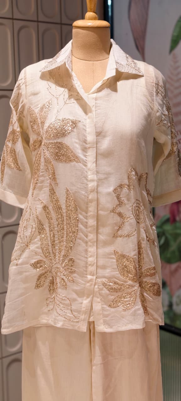 Silver Sequin Embellishment Banarasi Mul Chanderi Ivory Co-Ord Set- 14857 RB496