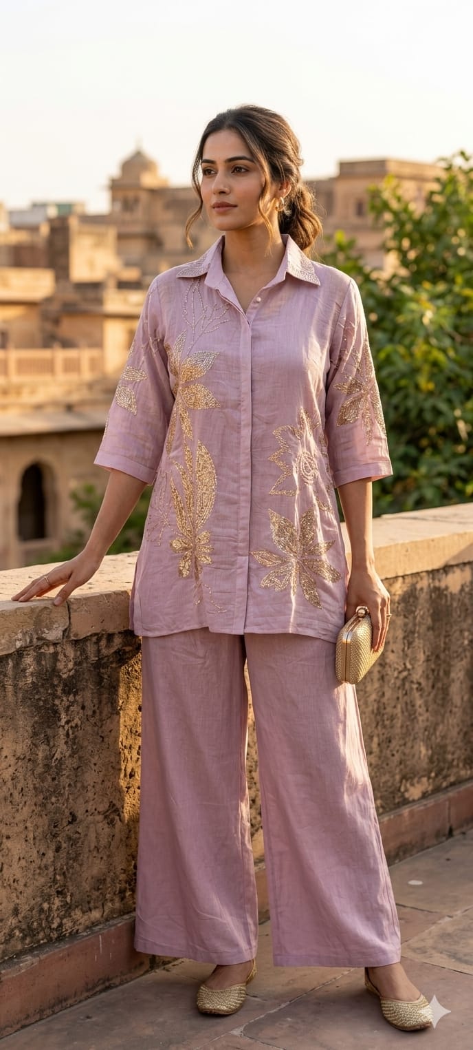 Silver Sequin Embellishment Banarasi Mul Chanderi Ivory Co-Ord Set- 14857 RB496