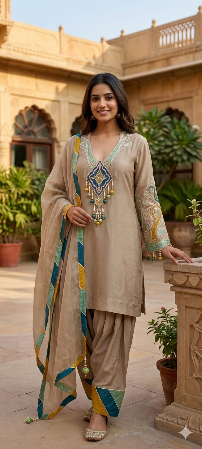 Emerald-Accented Pastel Patchwork Medallion Ivory Silk Suit Set With Hanging Beads- 14840