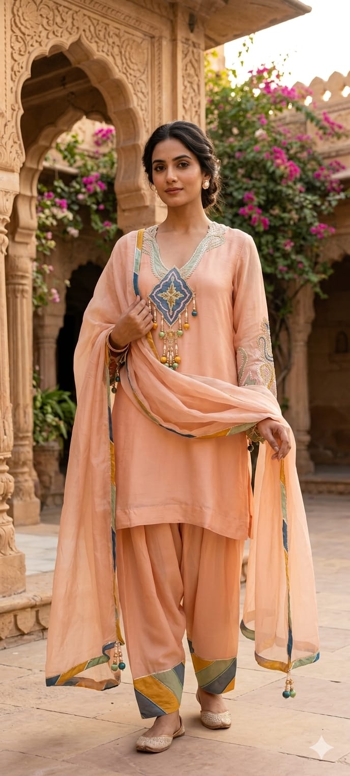 Emerald-Accented Pastel Patchwork Medallion Ivory Silk Suit Set With Hanging Beads- 14840