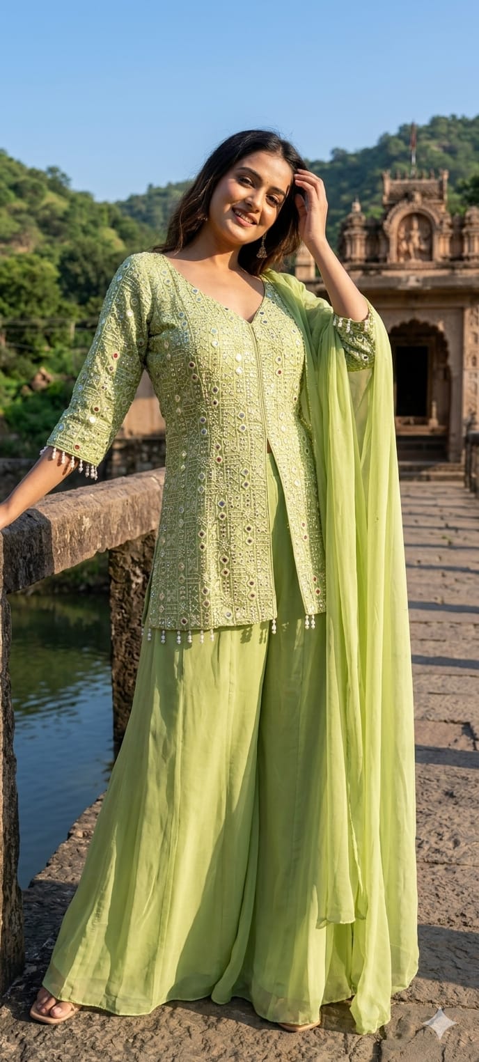 Premium Faux Georgette Royal Noor Chikankari Mirror-Work Slitted Peplum Kurta With Panel Palazzo Bottom & Dupatta Set -14844