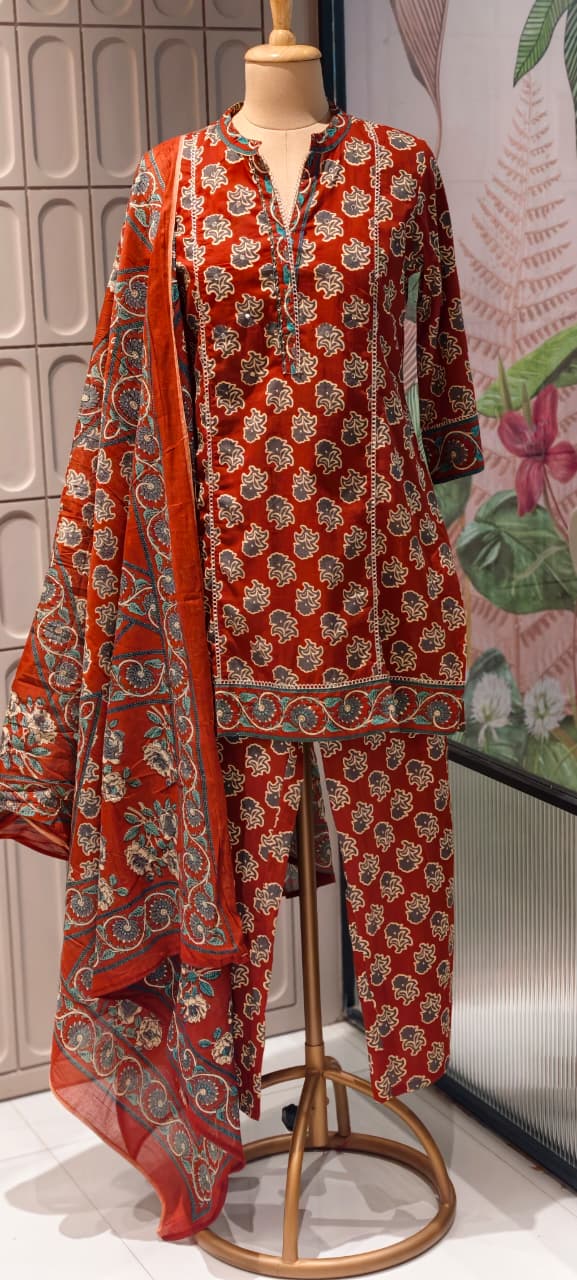 Earthy Floral Block Print Ethnic Cotton Short Length Kurta Full Suit Set With Dupatta- 14861 RB497