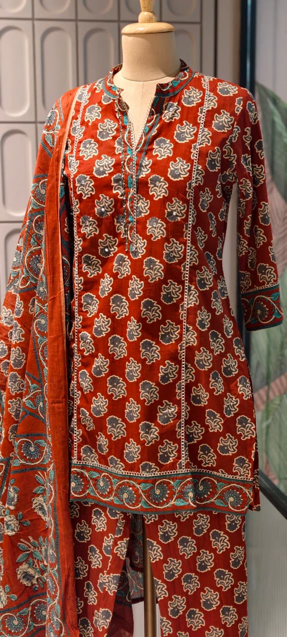 Earthy Floral Block Print Ethnic Cotton Short Length Kurta Full Suit Set With Dupatta- 14861 RB497