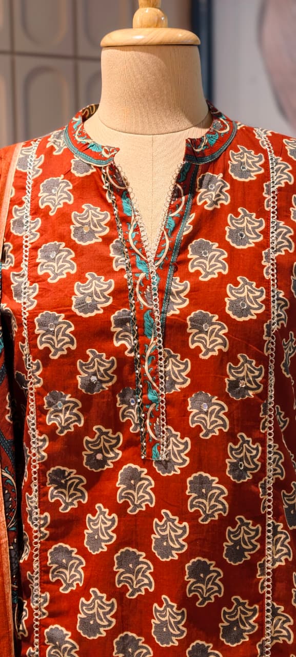Earthy Floral Block Print Ethnic Cotton Short Length Kurta Full Suit Set With Dupatta- 14861 RB497